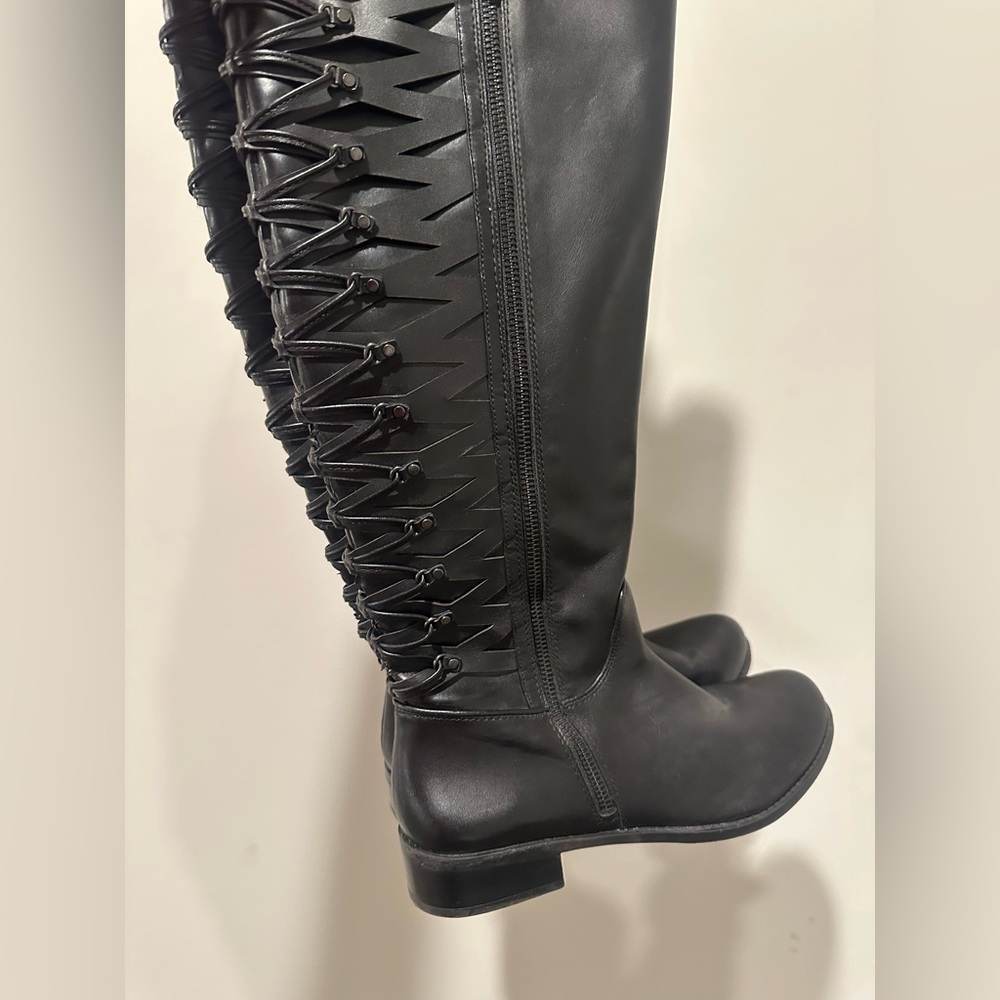 Black knee-high boots with lace-up detail #kneehighboots #goth #y2k #avantgrande